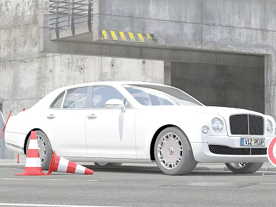 White Luxury Sedan Front View Parked Near Concrete Building With Traffic Cones 3d model