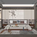 Modern Chinese Inspired Bedroom Interior With Floral Pattern Wall Wooden Furniture And Natural Light