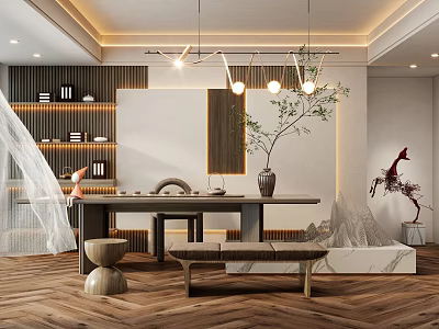 Serene Modern Tea Room Interior With Wooden Table Tea Sets And Hanging Lights 3d model