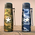 Two Camouflage Pattern Thermal Cups With White Star Logo And Carabiner Straps