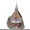 Rural Church Building With Orange Walls Red Tiled Roof Green Steeple And Arched Windows