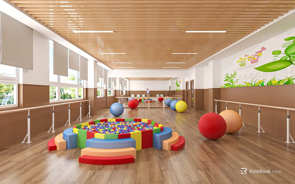 Dance Studio With Colorful Block Pool Big Balls Wooden Floor And Cartoon Painted Walls 3d model 