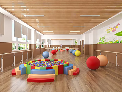 Dance Studio With Colorful Block Pool Big Balls Wooden Floor And Cartoon Painted Walls 3d model