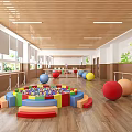 Dance Studio With Colorful Block Pool Big Balls Wooden Floor And Cartoon Painted Walls