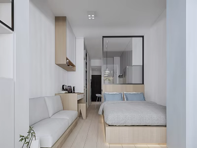 Modern Minimalist Apartment Interior With Bed Sofa Wooden Flooring And White Walls 3d model