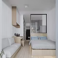 Modern Minimalist Apartment Interior With Bed Sofa Wooden Flooring And White Walls