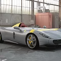 Gray Sports Convertible Car With Yellow Stripes And Alloy Wheels In Industrial Warehouse Setting