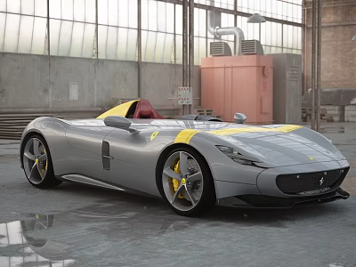 Gray Sports Convertible Car With Yellow Stripes And Alloy Wheels In Industrial Warehouse Setting 3d model