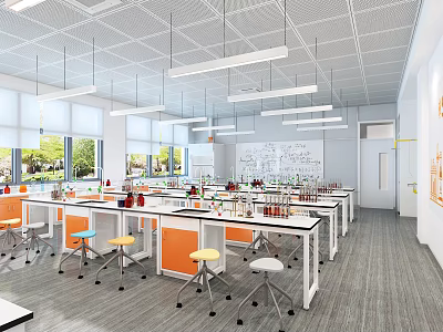 Modern Laboratory Interior With Lab Tables Colorful Stools Bright Windows And Whiteboards 3d model