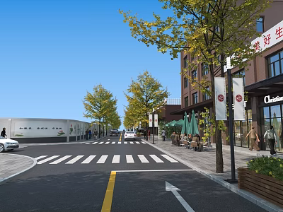 Scenic Tree Lined Commercial Street With Modern Buildings Shops Crosswalk Pedestrians And Cars 3d model
