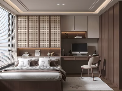 Modern Tatami Bedroom Interior Design With Wooden Desk Chair Wall Paneling And Blinds 3d model