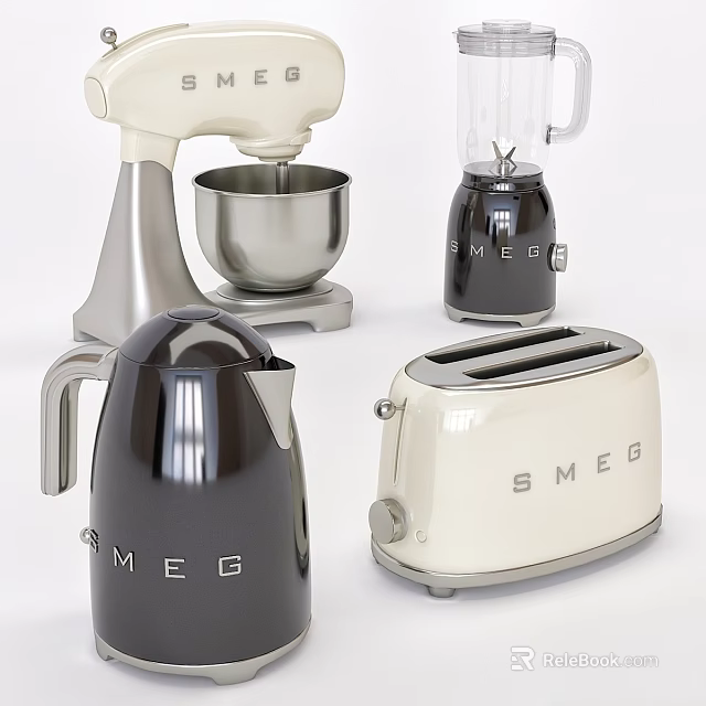 SMEG Stylish Kitchen Appliances With Toaster Kettle Blender And Stand Mixer 3d model 
