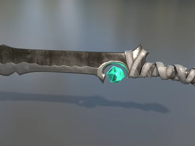 Detailed Silver Sword With Wrapped Cloth Hilt And Green Gemstone Decoration 3d model