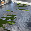 Modern Outdoor Garden Ornament Featuring Illuminated Bench Green Grass And Stone Pavement