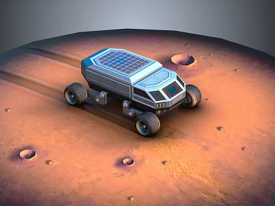 Mars Rover With Solar Panels Moving On Mars Sandy Surface With Craters 3d model