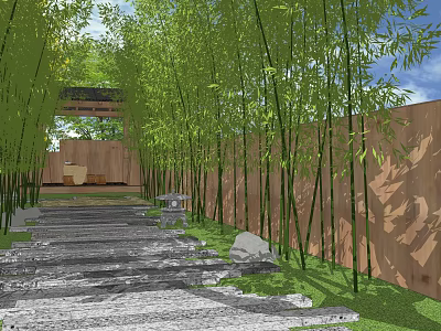 Tranquil Garden Landscape With Bamboo Grove Stone Path Wooden Pavilion And Green Grass 3d model