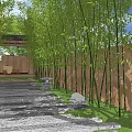 Tranquil Garden Landscape With Bamboo Grove Stone Path Wooden Pavilion And Green Grass