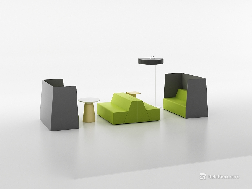 Modern Public Chair With Green And Gray Design And Small Round Side Tables 3d model 