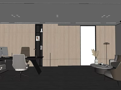 Modern Office Interior With Wooden Walls Dark Flooring And Ergonomic Furniture 3d model