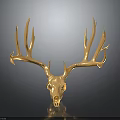 Golden Deer Skull With Large Antlers On Dark Background Showing Reflection