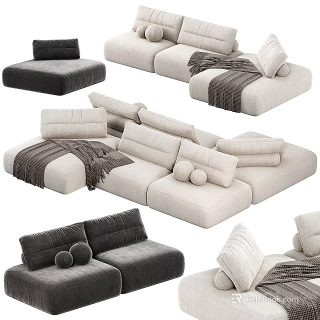 Modern Modular Sofa Set With Beige Gray Tones Pillows And Soft Blankets 3d model 