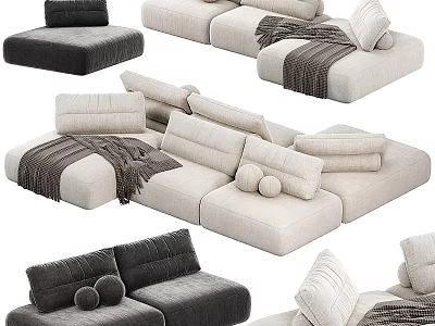 Modern Modular Sofa Set With Beige Gray Tones Pillows And Soft Blankets 3d model