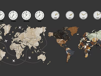 World Map Wall Decor With Multiple Clocks Showing Different Time Zones 3d model
