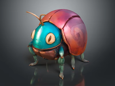 Colorful Cartoon Beetle Character Design With Blue Head Red Shell Large Eyes And Antennae 3d model