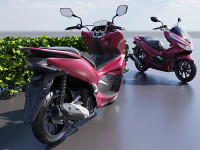 Two Red Scooter Motorcycles Parked Outdoor With Green Bushes And Clear Sky 3d model