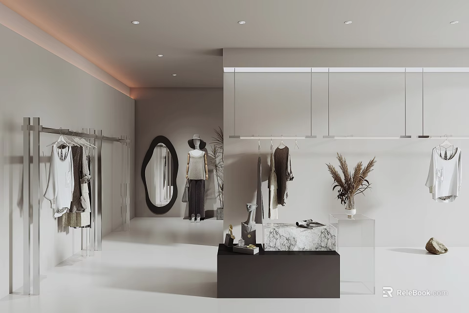 Fashion Clothing Store Interior With Hanging Clothes Racks Mirror Display Shelf And Decorative Plants 3d model 