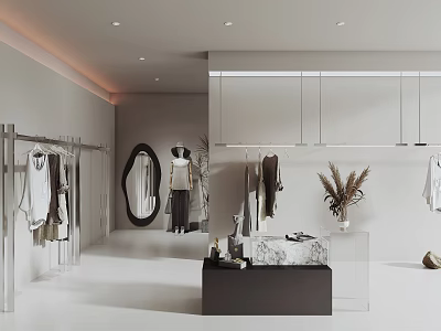 Fashion Clothing Store Interior With Hanging Clothes Racks Mirror Display Shelf And Decorative Plants 3d model