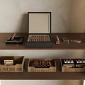 Open Cigar Box With Cigars Cutter And Cases On Wooden Shelf