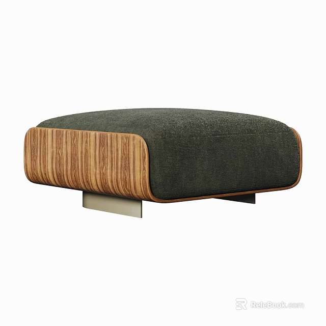 Modern Dark Green Upholstered Ottoman With Wooden Sides And Metal Base 3d model 