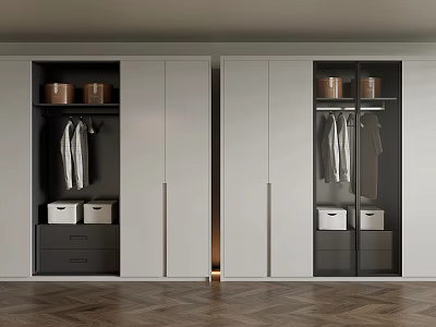 Modern Wardrobe With Multiple Doors Hanging Space Drawers And Storage Boxes On Herringbone Wooden Floor 3d model