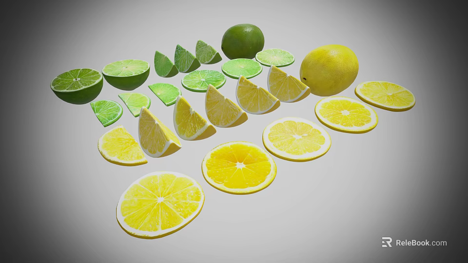 Fresh Whole and Sliced Limes and Lemons on Gray Background 3d model 