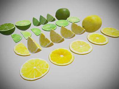 Fresh Whole and Sliced Limes and Lemons on Gray Background 3d model