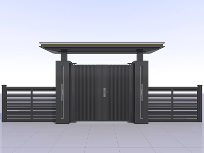 Modern Black Gate Design With Slatted Side Fences And Overhead Canopy 3d model