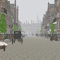 Historic Commercial Street With Red Brick Buildings Horse Drawn Carriages And Cobblestone Road