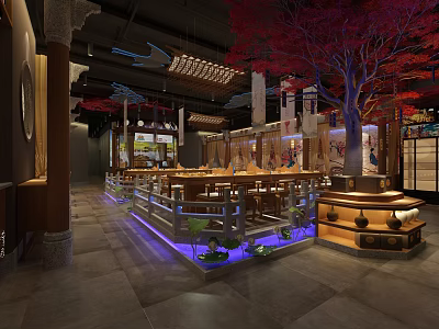 Traditional Chinese Hotpot Restaurant Interior With Red Maple Tree Purple Lighting Water Feature Dining Area 3d model