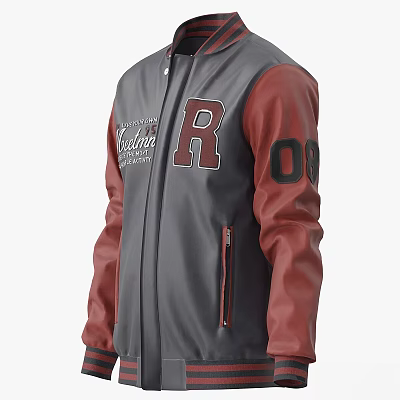 Gray Red Jacket With R Letter 00 Number On Sleeves Zipper Closure Casual Design 3d model