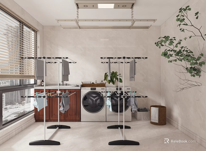 Laundry Room With Washing Machine Clothes Drying Rack Hanging Clothes Window Blinds And Potted Plant 3d model 