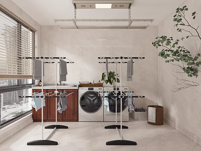 Laundry Room With Washing Machine Clothes Drying Rack Hanging Clothes Window Blinds And Potted Plant 3d model