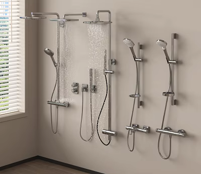 Multiple Shower Heads Installed On Bathroom Wall With Handheld And Overhead Designs 3d model