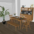Wooden Dining Table Set With Chairs Bench Flower Vase And Fruit Platter In Kitchen