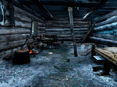 Log Cabin Interior With Log Walls Wooden Rafters Snow Covered Floor Wooden Table And Bed 3d model