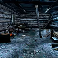 Log Cabin Interior With Log Walls Wooden Rafters Snow Covered Floor Wooden Table And Bed