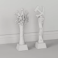 Golden Trophies with Crown Design and Hammer Sickle on Black Bases Marble Floor Gray Wall