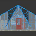 Blue Building Frame Model Of House Structure With Red Door And Foundation Base