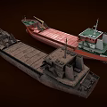 Ship Models Red And Dark Cargo Vessels With Open Holds And Detailed Features