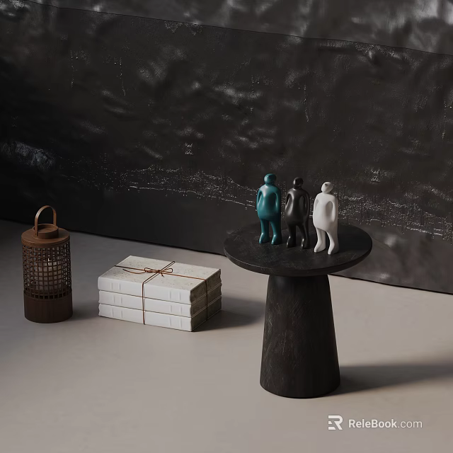 Modern Black Side Table With Decorative Figurines And Wooden Lantern Nearby 3d model 
